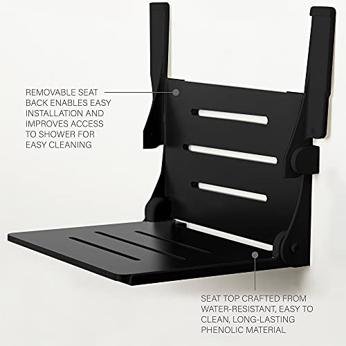 Seachrome Silhouette Comfort Folding Wall Mount Shower Bench Seat with Arms, Black Seat with Matte Black Frame - color: Black Seat With Matte Black Frame and White Arm Pads