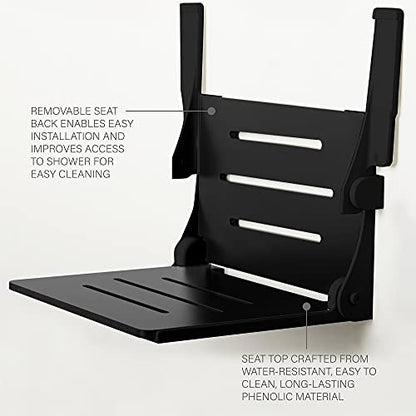 Seachrome Silhouette Comfort Folding Wall Mount Shower Bench Seat with Arms, Black Seat with Matte Black Frame - color: Black Seat With Matte Black Frame and White Arm Pads