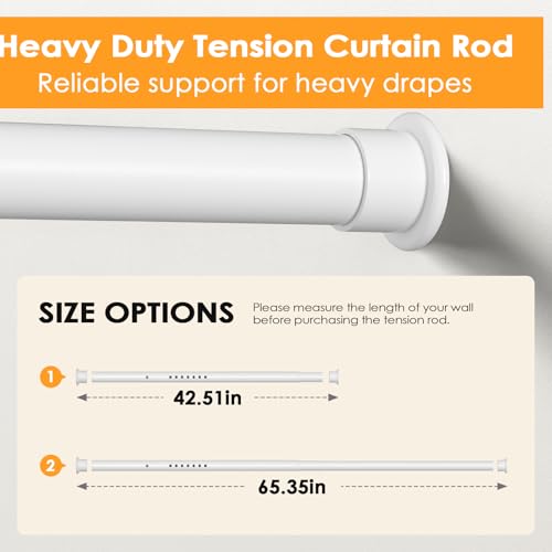 Tension Curtain Rod 43-65 Inches Extra Long White Heavy Duty | Tension Rods Adjustable Curtain Rod No Drilling Spring Loaded Tension Rod for Windows Patio Curtains and Non Slip - color: White, size: 43 to 65 inches
