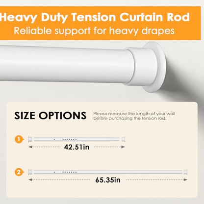 Tension Curtain Rod 43-65 Inches Extra Long White Heavy Duty | Tension Rods Adjustable Curtain Rod No Drilling Spring Loaded Tension Rod for Windows Patio Curtains and Non Slip - color: White, size: 43 to 65 inches