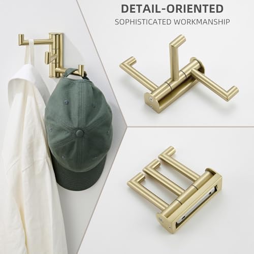 Angle Simple Towel Hook 3 Arms, Swivel Coat Wall Hook, Brushed Gold | Solid SUS304 Stainless Steel, Foldable Robe Towel Holder for Bathroom Kitchen Closet, Modern Space Saver, Screws Mounted - color: Brushed Gold, size: 1 Pack