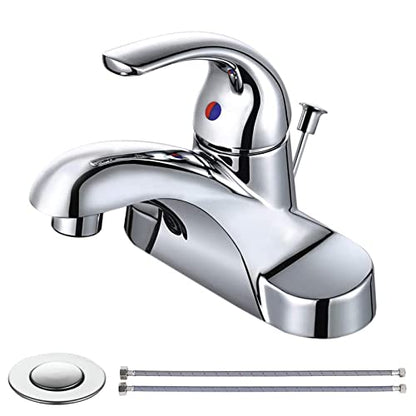 WOWOW Bathroom Faucet 1 Handle Low Arc Single Handle 4 inch Centerset Bathroom Sink Faucet with Lift Rod Drain Assembly Basin Mixer Tap Chrome Vanity Taps - color: Chrome