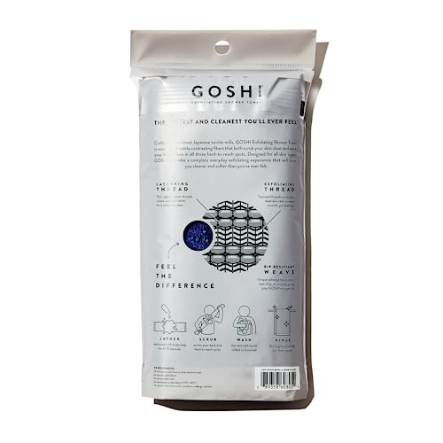 GOSHI Exfoliating Shower Towel - Long Body Scrubber, Blue | For back acne, KP & smooth skin, durable quick dry nylon washcloth, ethically crafted in Gunma, Japan - color: Blue