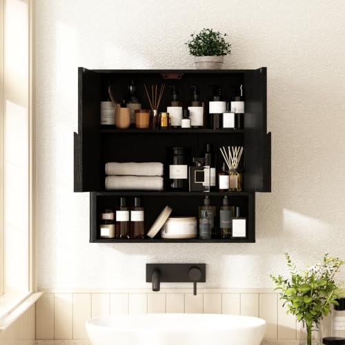 RUSTOWN Wall Mounted Bathroom Cabinets with Rounded Edges & Curved Handles | Adjustable Shelf, 3-Tier Over The Toilet Storage Cabinets, Modern Medicine Cabinet for Laundry Kitchen Living Room - color: Rustic Black