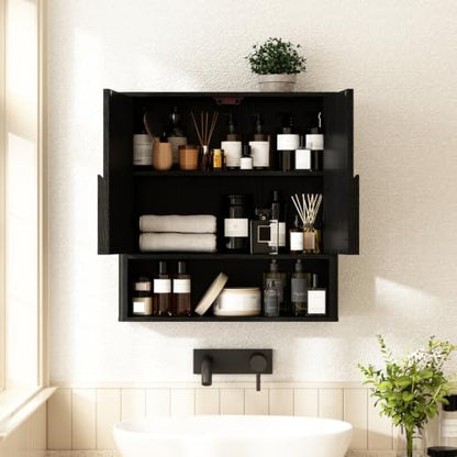 RUSTOWN Wall Mounted Bathroom Cabinets with Rounded Edges & Curved Handles | Adjustable Shelf, 3-Tier Over The Toilet Storage Cabinets, Modern Medicine Cabinet for Laundry Kitchen Living Room - color: Rustic Black