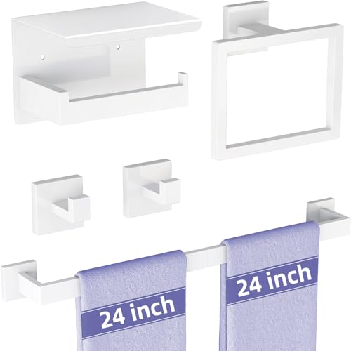5-Pieces Bathroom Hardware Accessories Set, 24 Inch Stainless Steel Towel Racks for Bathroom, Towel Bar Set Towel Ring Coat Hook and Toilet Paper Holder with Shelf Wall Mounted, White - color: White
