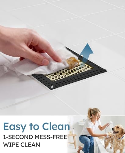 Square Shower Drain Hair Catcher, Anti-Clogging, 4 inch | 304 Stainless Steel and TPE Material/ Not Moving / Easy Clean / Fast Drainage / Fits Bathroom Hair Catcher for Shower - color: Matte Black & Brushed Gold, size: 4 inch
