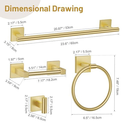 Lairuier Brushed Gold Bathroom Accessories, Towel Bar Set Wall Mounted | 5 Pieces Bathroom Hardware Set, SUS304 Stainless Steel Double Base 23.6" Towel Bar, Towel Ring, Toilet Paper Holder & Hooks - color: Brushed Gold, size: 5 Pieces - Double Base
