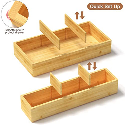 DUJEN 5 pieces Bamboo Drawer Organizer, Adjustable 3 Individual Junk Drawer organizer for Bathroom and Kitchen, Wood Drawer Organier Boxes for Jewellery, Make up and Tea Bag - size: 1 piece 12.5X6.2 & 4 pieces 12.5X3.1