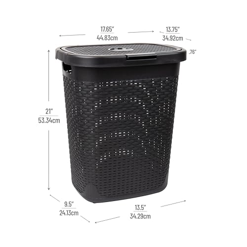 Mind Reader Slim Laundry Hamper with Lid, 50L Clothes Basket, Premium Wicker Design, Plastic, Black - color: Black