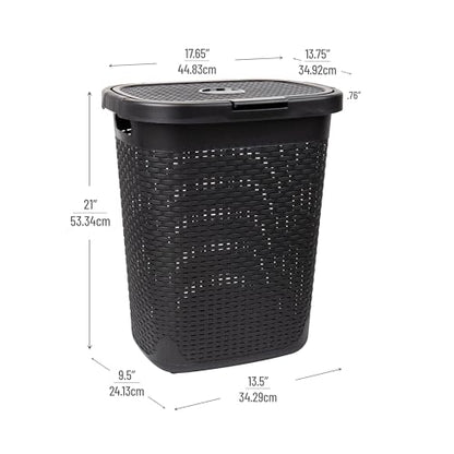 Mind Reader Slim Laundry Hamper with Lid, 50L Clothes Basket, Premium Wicker Design, Plastic, Black - color: Black