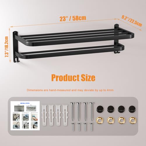 23 Inch Bathroom Towel Rack Towel Shelf with Double Towel Bars Lavatory Wall Mount Holder with Hooks Stainless Steel Hotel Bath Rack (Matte Black) - color: Black