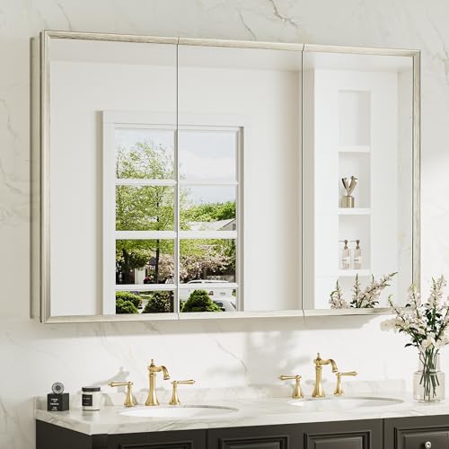 48 x 32 Mirrored Medicine Cabinets for Bathroom, Assembly Required, Brushed Nickel Recessed Medicine Cabinet with Mirror, Aluminum Frame, Stepless Adjustable Shelves, Tempered Glass - color: Brushed Nickel, size: 48x32 in