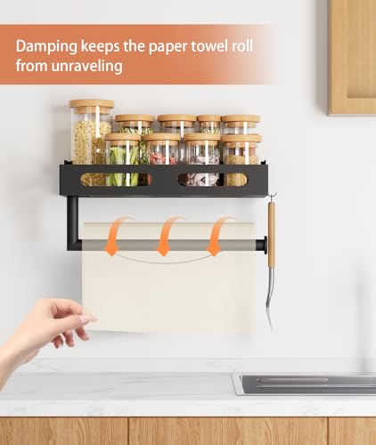 Paper Towel Holder Wall Mount with Shelf, Easy One Hand Tear, Adhesive Glue or Drill Mount Hanging Paper Towel Holder with Shelf for Kitchen/Bathroom/RV, Black Metal, 4 Hooks - color: Black