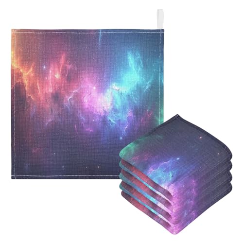 YETTASBIN Galaxy Muslin Baby Hand Washcloths, Soft Cotton Bath Face Towel, 4 Layers Extra Absorbent Feeding Burp Cloth for Newborn Infant, 5 Pack - size: 12 Inch x 5 Pack
