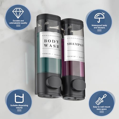Shampoo and Conditioner Dispenser Shower Dispenser Body Wash Wall Mounted Shampoo Dispenser for Shower Wall No Drill for Bathroom Hotel 2 Chamber x 300ml Black with Waterproof Labels - color: Black 2
