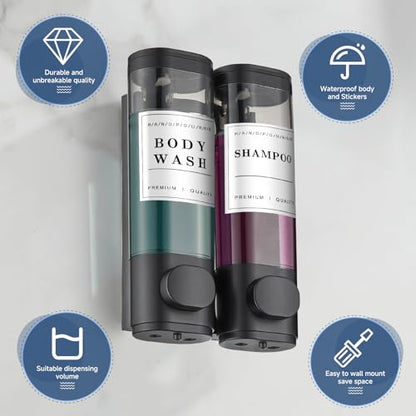 Shampoo and Conditioner Dispenser Shower Dispenser Body Wash Wall Mounted Shampoo Dispenser for Shower Wall No Drill for Bathroom Hotel 2 Chamber x 300ml Black with Waterproof Labels - color: Black 2