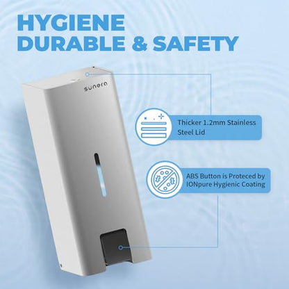 SUNERA Commercial Soap Dispenser Wall Mounted, 1000ml Refillable 304 Stainless Steel Liquid Soap & Hand Sanitizer Dispenser, Lockable Manual Pump for Restaurant, Office, Hotel, Kitchen & Bathroom
