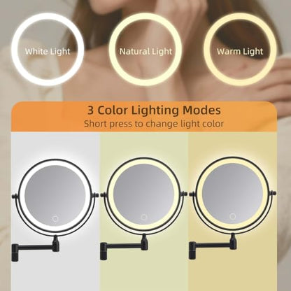 Wall Mounted Makeup Mirror with Lights, 8" Rechargeable 1X/10X Magnifying Mirror, 360° Swivel Extendable Arm, 3 Color LED (1, Black) - color: Black