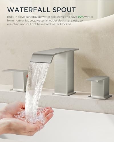 FORIOUS Widespread Bathroom Sink Faucet 3 Hole 8 Inch 2 Pack Brushed Nickel | 3-hole 4-12 Inch Widespread Sink, Square Waterfall Spout, with Drain and Hoses,for Vanity Rv Commercial Lavatory Restroom - color: Stainless Steel x2PCS