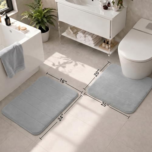 2 Piece Memory Foam Bath Mat Set, Extra Soft Absorbent Bathroom Rugs with U-Shaped Toilet Rug, Non-Slip Backing, Machine Washable, 24x16 + 20x20 U-Shaped, Gray - color: Grey