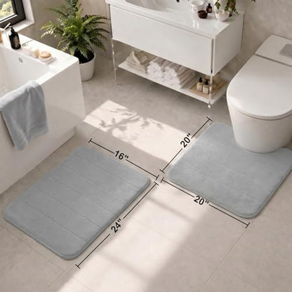 2 Piece Memory Foam Bath Mat Set, Extra Soft Absorbent Bathroom Rugs with U-Shaped Toilet Rug, Non-Slip Backing, Machine Washable, 24x16 + 20x20 U-Shaped, Gray - color: Grey