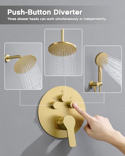 Iriber Brushed Gold Shower head with Handheld,8"+10" Rain Shower Faucet Set | 10 Inch Ceiling +8 Inch Wall Mount Dual Shower Heads,Push Button Diverter Shower System,Pressure Balance Valve - color: Brushed Gold 06