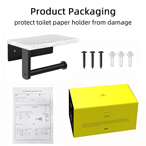 Gypie Marble Toilet Paper Holder with Shelf, Wall Mounted Matte Black | Stainless Steel Tissue Roll Paper Holder Dispenser for Bathroom Washroom - color: Black