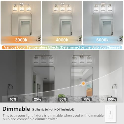 3 Light Bathroom Light Fixtures, Modern Crystal Vanity Lights over Mirror | Metal Frame, Bathroom Light with Square Crystal Shade, ETL Certified, E26 Ceramic Socket, Bulbs Not Included - color: Brushed Nickel, size: 3-Light