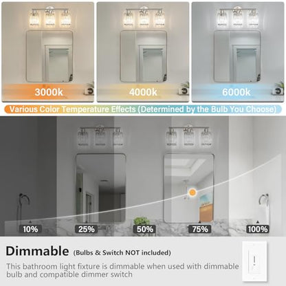 3 Light Bathroom Light Fixtures, Modern Crystal Vanity Lights over Mirror | Metal Frame, Bathroom Light with Square Crystal Shade, ETL Certified, E26 Ceramic Socket, Bulbs Not Included - color: Brushed Nickel, size: 3-Light