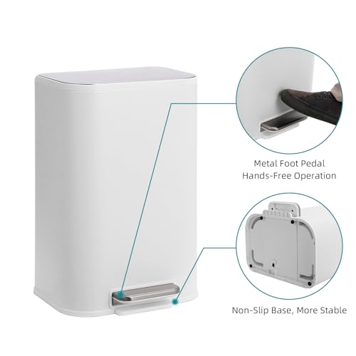 GarveeHome 3.2 Gal Stainless Steel Bathroom Trash Can with Lid, White | Rectangular Small Step Waste Bin, Hands-Free Foot Pedal, Removable Inner Bucket, Quiet Close, for Bedroom Restroom - color: White, size: 12 L