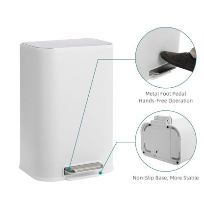GarveeHome 3.2 Gal Stainless Steel Bathroom Trash Can with Lid, White | Rectangular Small Step Waste Bin, Hands-Free Foot Pedal, Removable Inner Bucket, Quiet Close, for Bedroom Restroom - color: White, size: 12 L