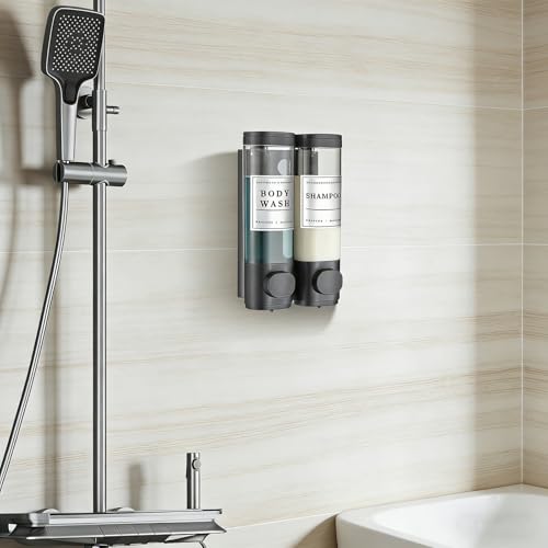 Shampoo and Conditioner Dispenser Bathroom Shower Soap Dispenser Wall Mounted Shampoo Dispenser for Shower Wall No Drill 2 * 300ml Black 2 Chamber with Waterproof Labels - color: Black 2