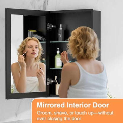 16x24 Inch Medicine Cabinet with Mirror, Aluminum Medicine Cabinet, Black | Tempered Beveled Edge Mirror Single Door, Adjustable Glass Shelves, Surface or Recessed Mount Bathroom Mirrors with Storage - size: 16 in. x 24 in.