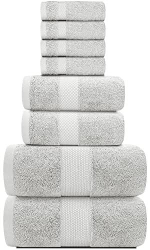 White Classic Luxury Bath Towel Set of 8 Pieces - 100% Turkish Cotton Highly Absorbent Towels for Bathroom, 2 Luxury Bath Towels 700GSM, 2 Hand Towels, 4 Washcloths, Silver - color: 06: Silver