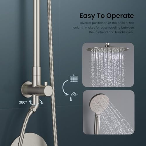 KIBI Brushed Nickel Circular Wall Mounted Rain Shower Column | 2-Function Shower Faucet System with Rough-In Valve | Solid Brass Construction for Reliable Water Flow and Temperature Control (KSC403BN) - color: Brushed Nickel