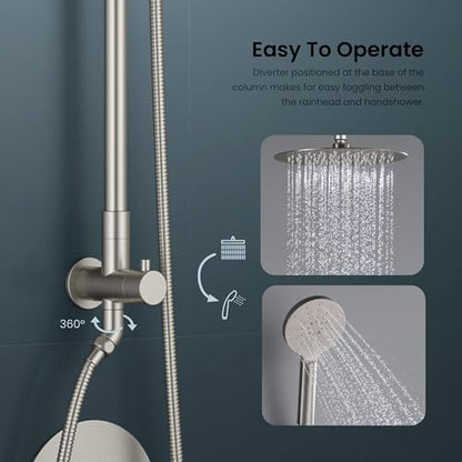 KIBI Brushed Nickel Circular Wall Mounted Rain Shower Column | 2-Function Shower Faucet System with Rough-In Valve | Solid Brass Construction for Reliable Water Flow and Temperature Control (KSC403BN) - color: Brushed Nickel