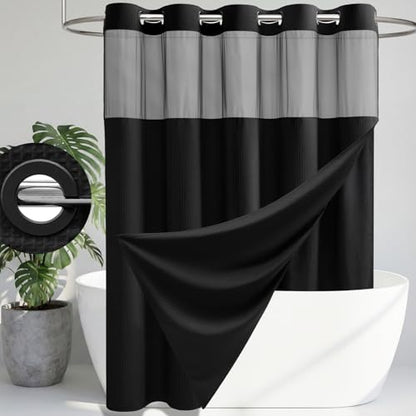 Black Hook Free Waffle Shower Curtain & Snap-in Fabric Liner,72x87 | Less Time to install, 3 in 1 Fabric Shower Curtain and Liner Set with Magnets, Extra Long, Shower Curtains for Bathroom - color: A Black, size: 72"W x 87"L (Pack of 1)