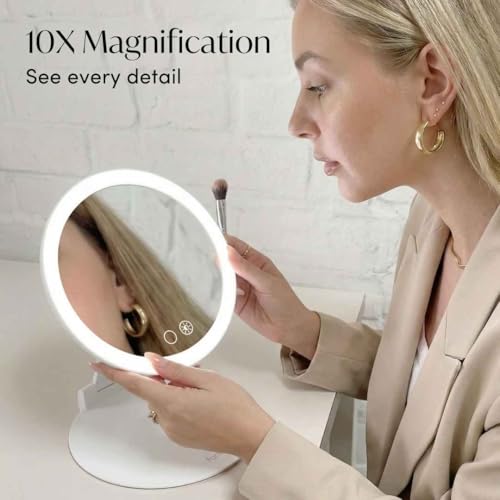 Fancii 10x Travel Magnifying Makeup Mirror with Lights, Rechargeable, Height Adjustable 8" Stand, 3 Dimmable Color Modes, Portable LED Vanity Mirror (Abigail)
