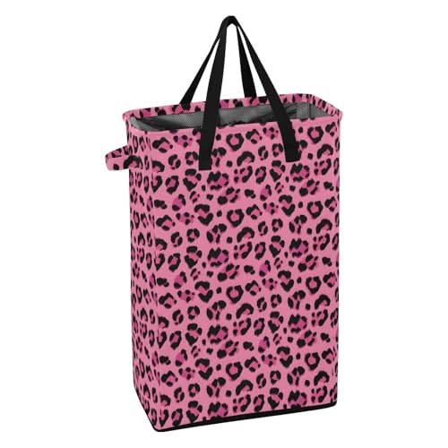 Rose Leopard Cheetah Laundry Hamper Dirty Clothes Laundry Basket Bin for Bedroom Bathroom with Handles Slim Tall Collapsible Waterproof Freestanding 48L - color: Rose Leopard cheetah