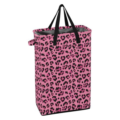 Rose Leopard Cheetah Laundry Hamper Dirty Clothes Laundry Basket Bin for Bedroom Bathroom with Handles Slim Tall Collapsible Waterproof Freestanding 48L - color: Rose Leopard cheetah