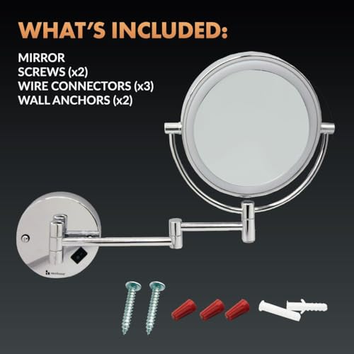 Newhouse Chrome LED Hardwired Magnifying Mirror NHMM-001-H, Lighted Makeup Mirror with Magnification, Round Arm-Mounted Mirror with Halo Light