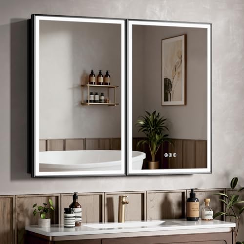 40x32 Inch Lighted Medicine Cabinet Black Aluminum Frame 3-Color Dimmable LED Anti-Fog Mirror Surface & Recessed Mount for Bathroom Hotel Apartment Dressing Room Entryway - color: Black, size: 40X32 IN