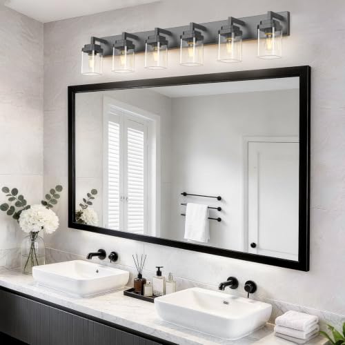 Matte Black Bathroom Light Fixtures, Modern Vanity Lights with Clear Glass Lamp Shade, Bathroom Lighting Fixtures Over Mirror, Restroom Vanity Lighting Fixture, 6-Light 46 Inch - color: Blakc, size: 6-Light