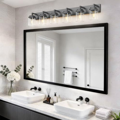 Matte Black Bathroom Light Fixtures, Modern Vanity Lights with Clear Glass Lamp Shade, Bathroom Lighting Fixtures Over Mirror, Restroom Vanity Lighting Fixture, 6-Light 46 Inch - color: Blakc, size: 6-Light