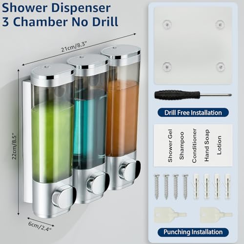Pollock Shampoo and Conditioner Dispenser 3 Chamber No Drill | Shower Soap Pump Dispenser Wall Mounted,Body Wash Dispenser,Shower Gel Shampoo Holder for Bathroom Accessories, (Silver 3) - color: Silver 3