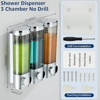 Pollock Shampoo and Conditioner Dispenser 3 Chamber No Drill | Shower Soap Pump Dispenser Wall Mounted,Body Wash Dispenser,Shower Gel Shampoo Holder for Bathroom Accessories, (Silver 3) - color: Silver 3