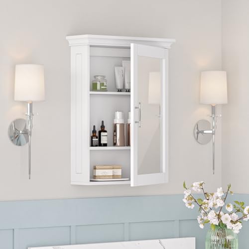 RiverRidge Somerset Bathroom Wall Mount Medicine Cabinet with Mirror, White | Bath Storage Cabinet with Adjustable Interior Shelf and Soft Close Hinges, Two-Tone Handles and Coved Top Detailing