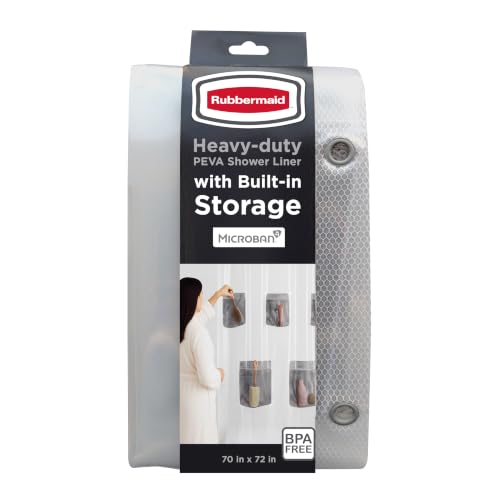 Rubbermaid Frosty Waterproof Shower Curtain Liner with 5 Storage Pockets, Heavyweight 8g PEVA Shower Liner for Bathroom, with Black Rustproof Grommets and Pockets, 70x72, Standard Size, Frosty - color: Frosty, size: 70"W x 72"L (Pack of 1), style: With St