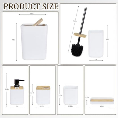 CERBIOR Bamboo Bathroom Accessories Set 6 Piece Bath Ensemble(White) | Includes Soap Dispenser, Toothbrush Holder, Toothbrush Cup, Soap Dish for Decorative Countertop and Housewarming Gift - size: Complete Set, style: White